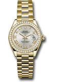 Rolex Yellow Gold Lady-Datejust 28 Watch - 44 Diamond Bezel - Silver Roman Dial - President Bracelet - 279138RBR srp