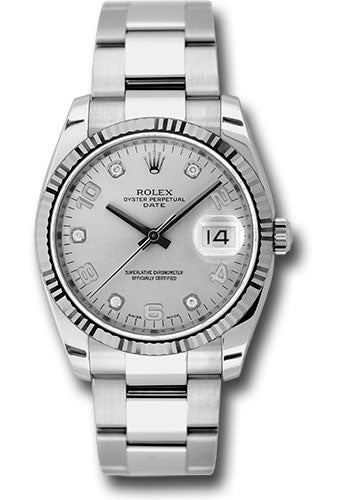Stor eg venlige frokost Rolex Date 34 Watch - Fluted Bezel - Silver Five Diamond Dial - 115234 –  Mac Time Chicago