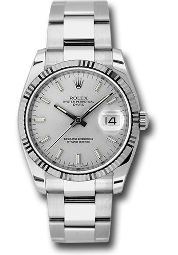 Rolex Date 34 Watch - Fluted Bezel - Silver Index Dial - 115234 sso