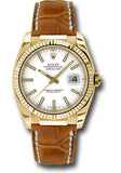 Rolex Yellow Gold Datejust 36 Watch - Fluted Bezel - White Index Dial - Brown Leather - 116138 wsb