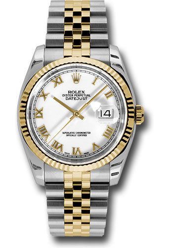 Rolex Steel and Yellow Gold Rolesor Datejust 36 Watch - Fluted Bezel - White Roman Dial - Jubilee Bracelet - 116233 wrj