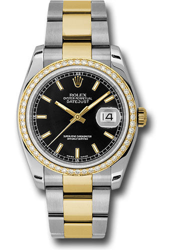 Rolex Steel and Yellow Gold Rolesor Datejust 36 Watch - 52 Diamond Bezel - Black Index Dial - Oyster Bracelet - 116243 bkio