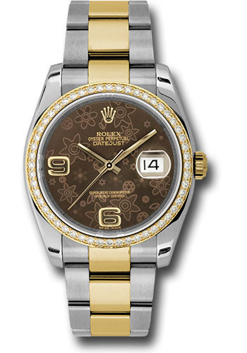 Rolex Steel and Yellow Gold Rolesor Datejust 36 Watch - 52 Diamond Bezel - Brown Floral Arabic Dial - Oyster Bracelet - 116243  brfao