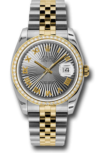 Rolex Steel and Yellow Gold Rolesor Datejust 36 Watch - 52 Brilliant-Cut Diamond Bezel - Grey Sunbeam Roman Dial - Jubilee Bracelet - 116243 gsbrj