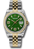 Rolex Steel and Yellow Gold Rolesor Datejust 36 Watch - 52 Brilliant-Cut Diamond Bezel - Green Wave Diamond Arabic 6 And 9 Dial - Jubilee Bracelet - 116243 gwdaj