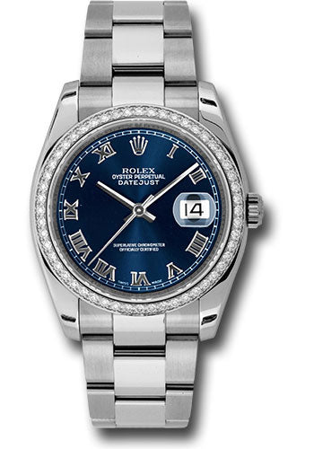 Rolex Steel and White Gold Datejust 36 Watch - 52 Diamond Bezel - Blue Roman Dial - Oyster Bracelet - 116244 blro