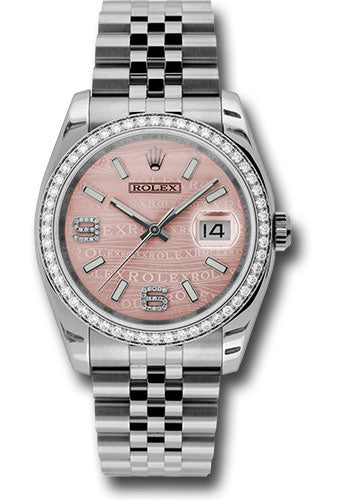 Rolex Steel and White Gold Datejust 36 Watch - 52 Diamond Bezel - Pink Wave Diamond 6 And 9 Arabic Dial - Jubilee Bracelet - 116244  pwdaj