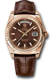 Rolex Everose Gold Day-Date 36 Watch - Fluted Bezel - Chocolate Index Dial - Brown Leather - 118135 chl