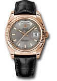Rolex Everose Gold Day-Date 36 Watch - Fluted Bezel - Rhodium Index Dial - Black Leather - 118135 rhl