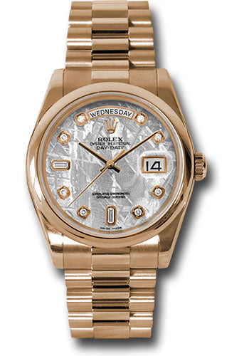 Rolex Pink Gold Day-Date 36 Watch - Domed Bezel - Meteorite Diamond Dial - President Bracelet - 118205 mtdp