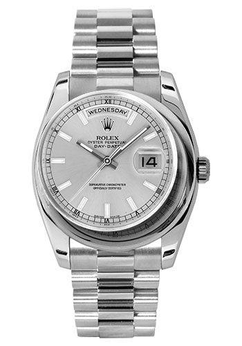 Rolex Platinum Day-Date 36 Watch - Domed Bezel - Silver Index Dial - President Bracelet - 118206 sip