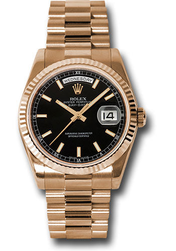 Rolex Pink Gold Day-Date 36 Watch - Fluted Bezel - Black Index Dial - President Bracelet - 118235 bksp