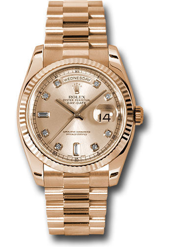 Rolex Pink Gold Day-Date 36 Watch - Fluted Bezel - Pink Champagne Diamond Dial - President Bracelet - 118235 chdp