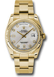Rolex Yellow Gold Day-Date 36 Watch - Fluted Bezel - Silver Diamond Dial - Oyster Bracelet - 118238 sdo