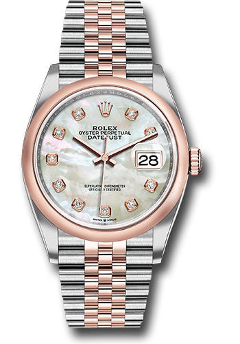 Rolex Steel and Everose Rolesor Datejust 36 Watch - Domed Bezel - White Mother-Of-Pearl Diamond Dial - Jubilee Bracelet - 126201 mdj