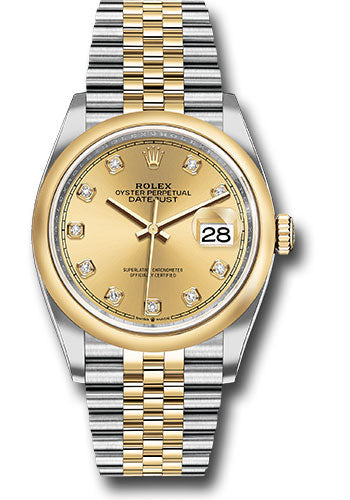 Rolex Steel and Yellow Gold Rolesor Datejust 36 Watch - Domed Bezel - Champagne Diamond Dial - Jubilee Bracelet - 126203 chdj