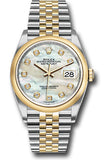 Rolex Steel and Yellow Gold Rolesor Datejust 36 Watch - Domed Bezel - White Mother-Of-Pearl Diamond Dial - Jubilee Bracelet - 126203 mdj