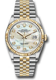 Rolex Steel and Yellow Gold Rolesor Datejust 36 Watch - Fluted Bezel - White Mother-Of-Pearl Diamond Dial - Jubilee Bracelet - 126233 mdj