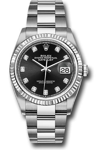 Rolex Steel Datejust 36 Watch - Fluted Bezel - Black Diamond Dial - Oyster Bracelet - 2019 Release - 126234 bkdo