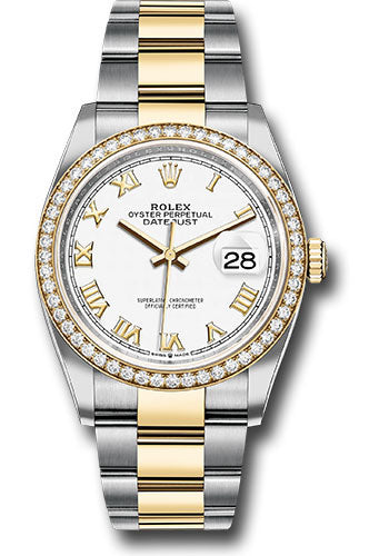 Rolex Steel and Yellow Gold Rolesor Datejust 36 Watch - Diamond Bezel - White Roman Dial - Oyster Bracelet - 126283RBR wro