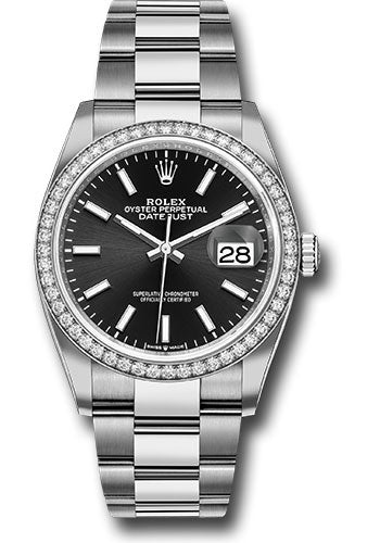 Rolex Steel Datejust 36 Watch - Diamond Bezel - Black Index Dial - Oyster Bracelet - 2019 Release - 126284RBR bkio