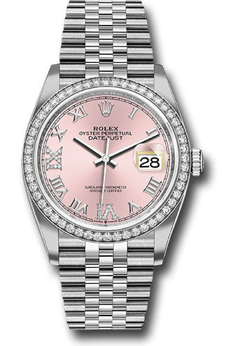 Rolex Steel Datejust 36 Watch - Diamond Bezel - Pink Diamond Roman VI and IX Dial - Jubilee Bracelet - 2019 Release - 126284RBR pdr69j