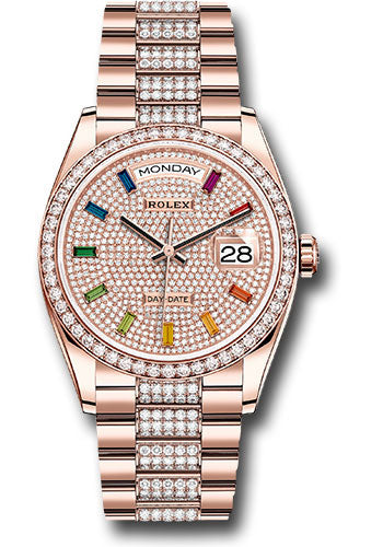 Rolex Everose Gold Day-Date 36 Watch - Diamond Bezel - Diamond-Paved Rainbow Sapphire Dial - Diamond President Bracelet - 128345RBR dprsdp