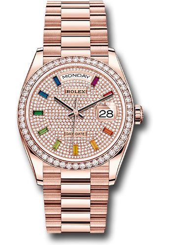 Rolex Everose Gold Day-Date 36 Watch - Diamond Bezel - Diamond-Paved Rainbow Sapphire Dial - President Bracelet - 128345RBR dprsp