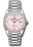Rolex White Gold Day-Date 36 Watch - Diamond Bezel - Pink Opal Diamond Hour Marker Dial - President Bracelet - 128349RBR podhmp