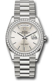 Rolex White Gold Day-Date 36 Watch - Diamond Bezel - Silver Index Dial - President Bracelet - 128349RBR sip