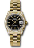 Rolex Yellow Gold Datejust 31 Watch - 48 Diamond Bezel - Black Index Dial - President Bracelet - 178158 bkip