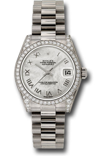 Rolex White Gold Datejust 31 Watch - 48 Diamond Bezel - Mother-Of-Pearl Roman Dial - President Bracelet - 178159 mrp