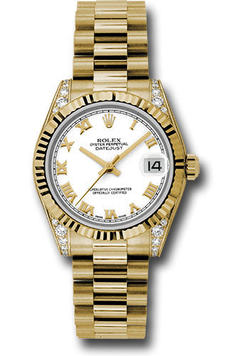 Rolex Yellow Gold Datejust 31 Watch - Fluted Bezel - White Roman Dial - President Bracelet - 178238 wrp