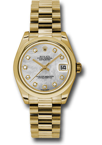 Rolex Yellow Gold Datejust 31 Watch - Domed Bezel - Mother-Of-Pearl Diamond Dial - President Bracelet - 178248 mdp