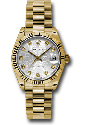 Rolex Yellow Gold Datejust 31 Watch - Fluted Bezel - Silver Jubilee Diamond Dial - President Bracelet - 178278 sjdp