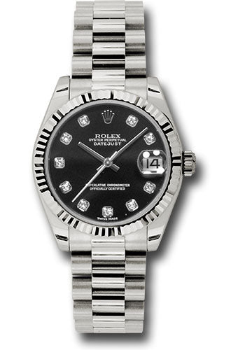 Rolex White Gold Datejust 31 Watch - Fluted Bezel - Black Diamond Dial - President Bracelet - 178279 bkdp