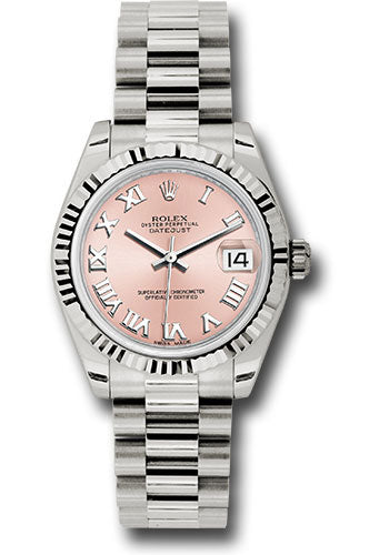 Rolex White Gold Datejust 31 Watch - Fluted Bezel - Pink Roman Dial - President Bracelet - 178279 prp