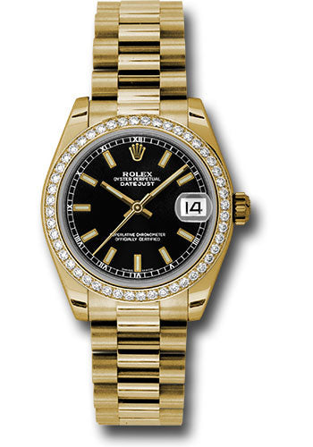Rolex Yellow Gold Datejust 31 Watch - 48 Diamond Bezel - Black Index Dial - President Bracelet - 178288 bkip