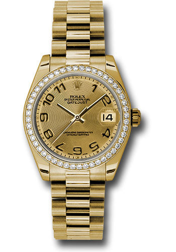 Rolex Yellow Gold Datejust 31 Watch - 48 Diamond Bezel - Champagne Concentric Circle Arabic Dial - President Bracelet - 178288 chcap