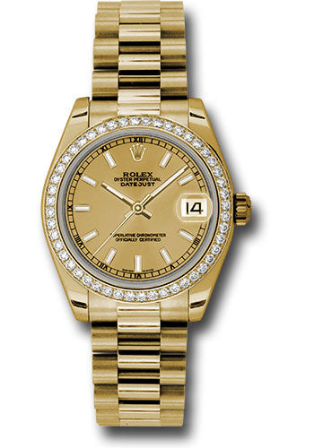 Rolex Yellow Gold Datejust 31 Watch - 48 Diamond Bezel - Champagne Index Dial - President Bracelet - 178288 chip
