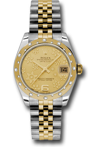 Rolex Steel and Yellow Gold Datejust 31 Watch - 24 Diamond Bezel - Champagne Floral Motif Dial - Jubilee Bracelet - 178343 chfj