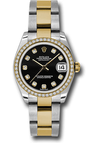 Rolex Steel and Yellow Gold Datejust 31 Watch - 46 Diamond Bezel - Black Diamond Dial - Oyster Bracelet - 178383 bkdo
