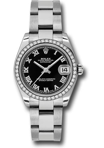 Rolex Steel and White Gold Datejust 31 Watch - 46 Diamond Bezel - Black Roman Dial - Oyster Bracelet - 178384 bkro