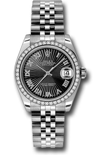 Rolex Steel and White Gold Datejust 31 Watch - 46 Diamond Bezel - Black Sunbeam Roman Dial - Jubilee Bracelet - 178384 bksbrj