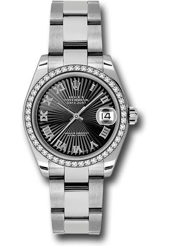 Rolex Steel and White Gold Datejust 31 Watch - 46 Diamond Bezel - Black Sunbeam Roman Dial - Oyster Bracelet - 178384 bksbro