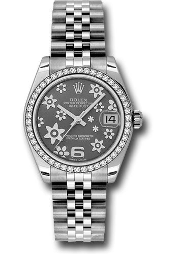 Rolex Steel and White Gold Datejust 31 Watch - 46 Diamond Bezel - Dark Rhodium Floral Motif Arabic 6 Dial - Jubilee Bracelet - 178384 rfj