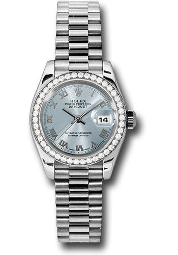 Rolex Platinum Lady-Datejust 26 Watch - 42 Diamond Bezel - Ice Blue Roman Dial - President Bracelet - 179136 ibrp