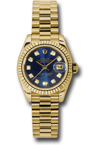 Rolex Yellow Gold Lady-Datejust 26 Watch - Fluted Bezel - Blue Diamond Dial - President Bracelet - 179178 bldp
