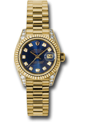 Rolex Yellow Gold Lady-Datejust 26 Watch - Fluted Bezel - Blue Diamond Dial - President Bracelet - 179238 bldp