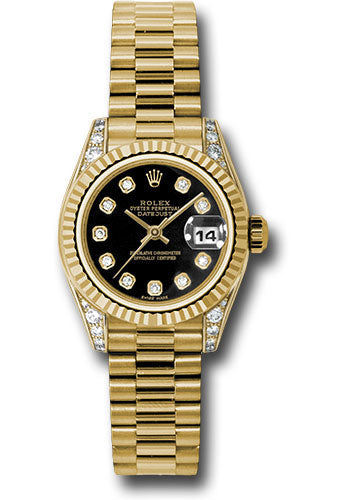 Rolex Yellow Gold Lady-Datejust 26 Watch - Fluted Bezel - Black Diamond Dial - President Bracelet - 179238 bkdp